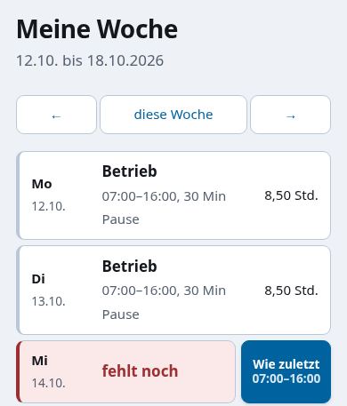 Wochenansicht eines Mitarbeiters auf dem Handy: ein fehlender Tag rot als „fehlt noch“ markiert, daneben der Knopf „Wie zuletzt“ mit der Uhrzeit des letzten Arbeitstags.